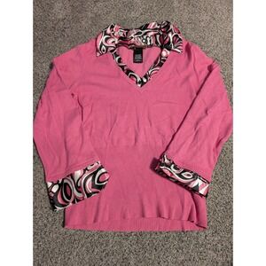 Y2K Notations Pink V Neck Sweater with Swirl Print Collar and Cuffs Size L